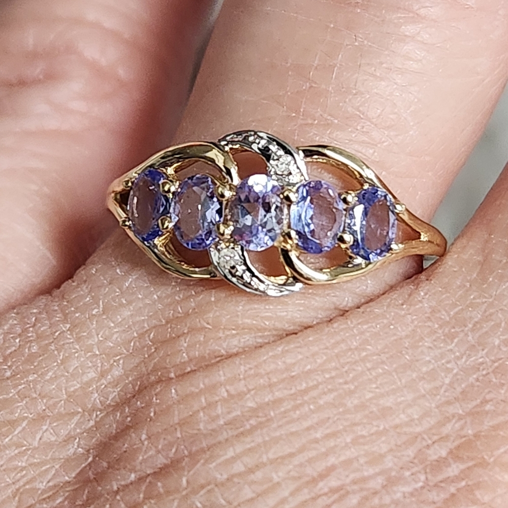 SALE Solid 14K Gold Natural 5 Stone Tanzanite Diamond Ring Sz 7 - Picture 7 of 13